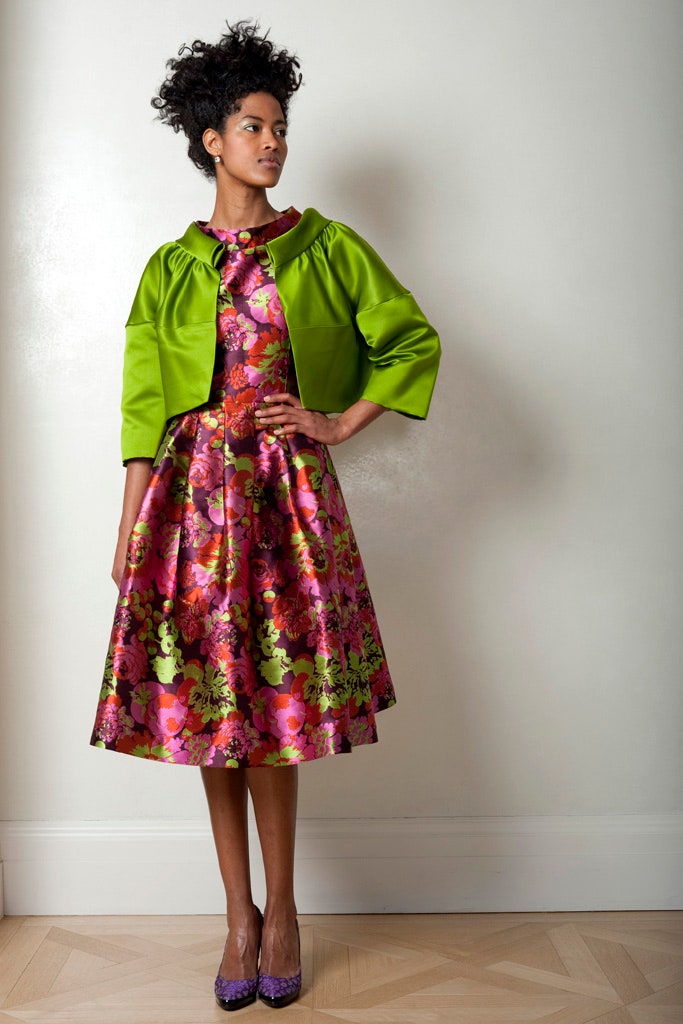 floral midi dress with green jacket