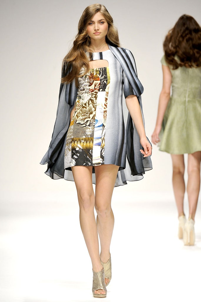 multi-colored silk mini dress with gray cape