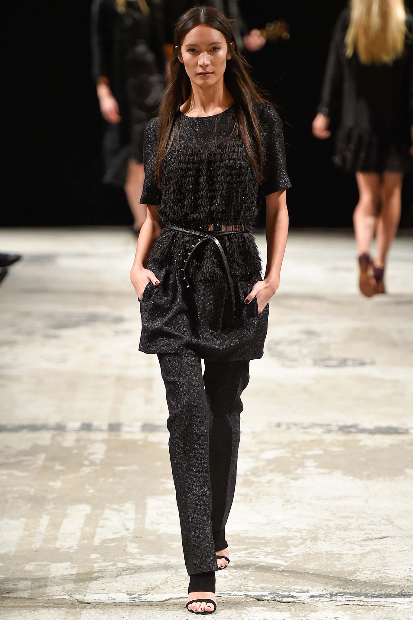 black silk relaxed top and fitted pants