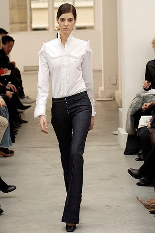 fitted white shirt and blue flared pants