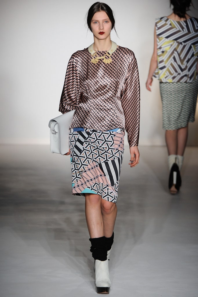 printed brown silk top with pencil skirt