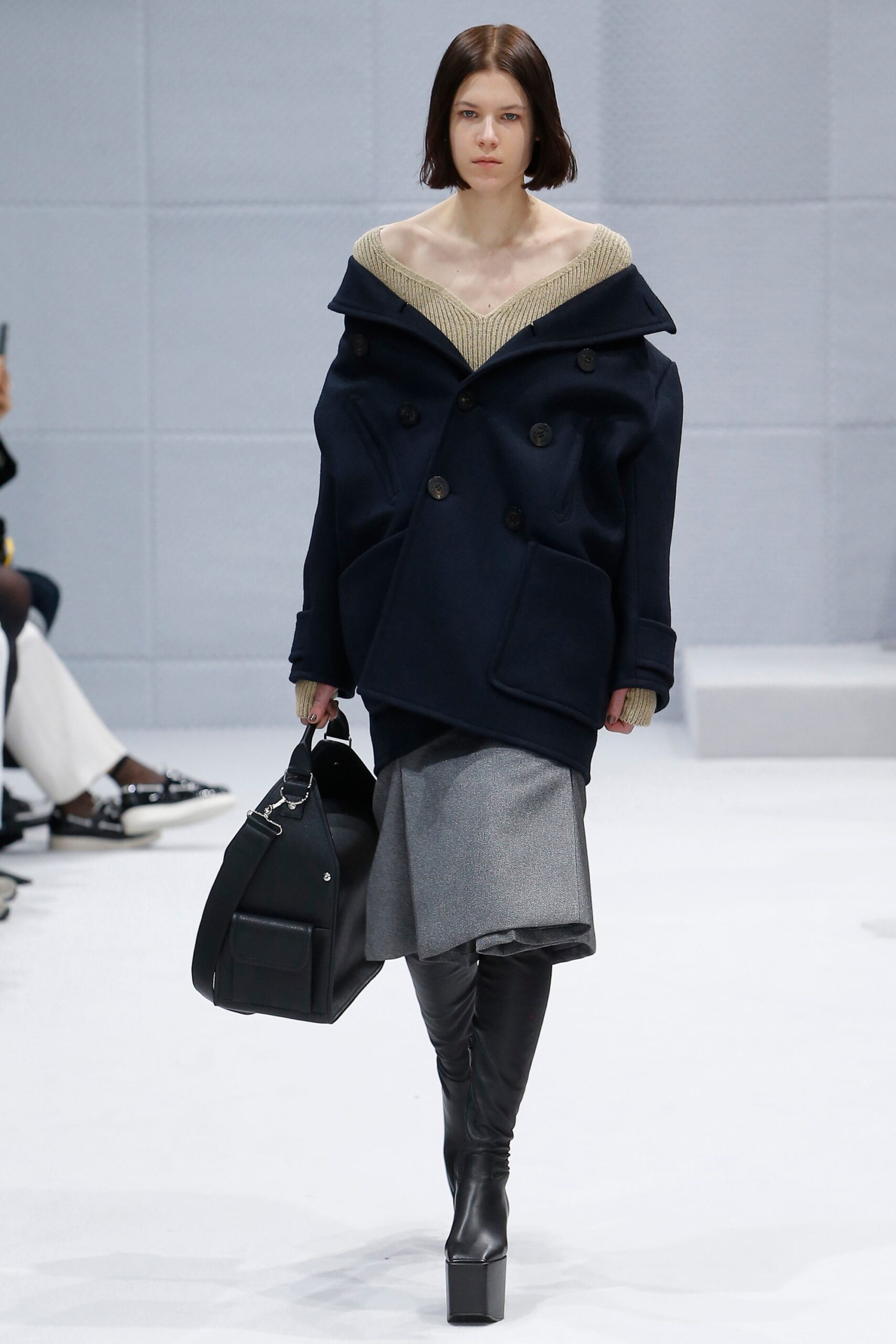 blue wool long-sleeve collared relaxed buttoned coat