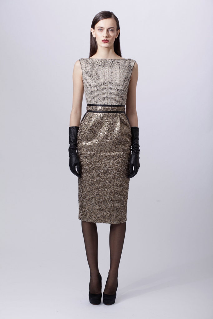 gold sequin fitted midi dress