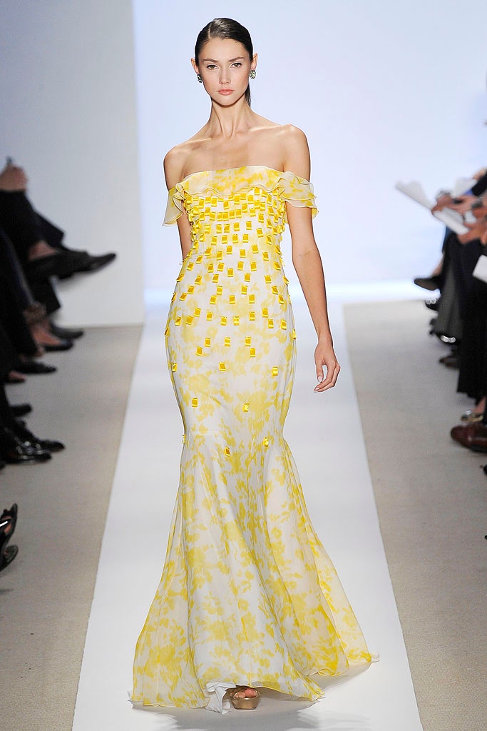 yellow off-shoulder flowing gown