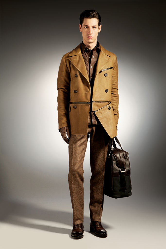 brown leather long-sleeve collared tailored zippered jacket