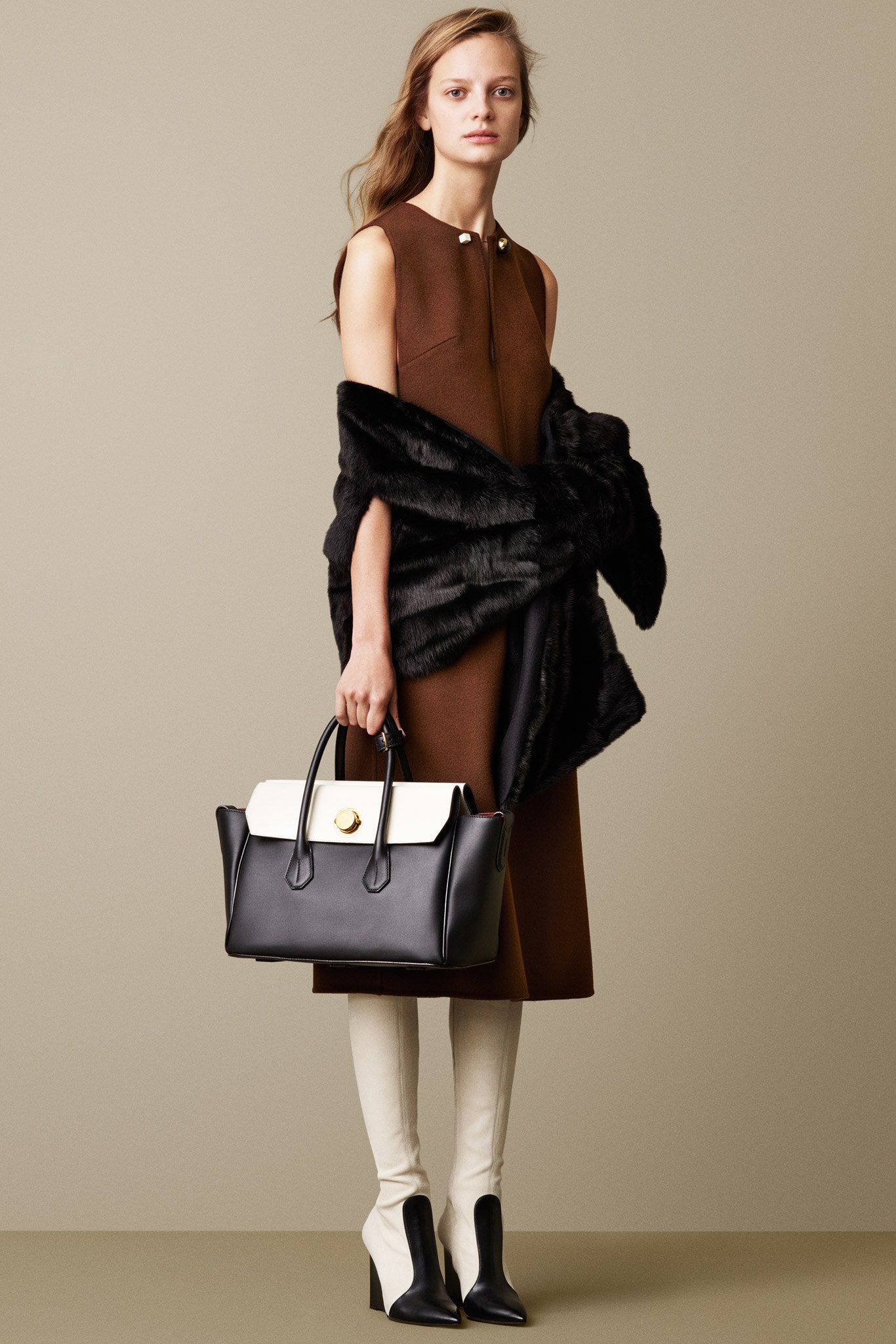 brown fitted midi dress with faux-fur coat