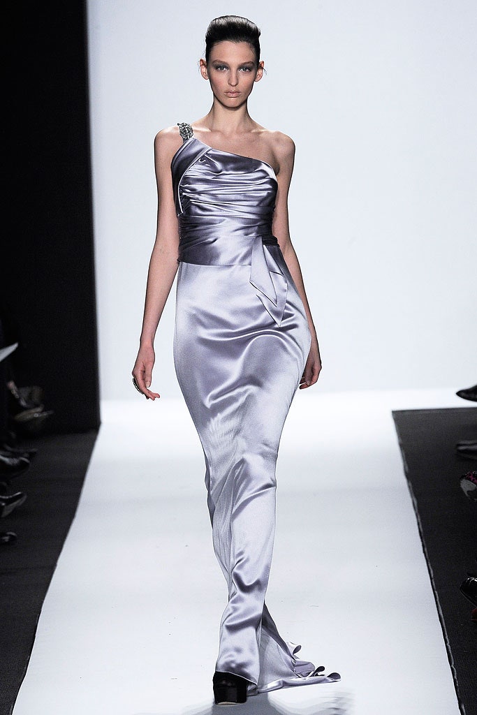 gray satin one-shoulder gown