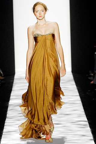 brown silk strapless gown