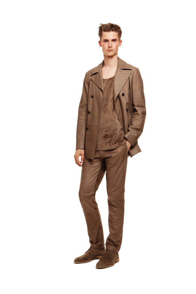 brown leather long-sleeve collared fitted buttoned suit