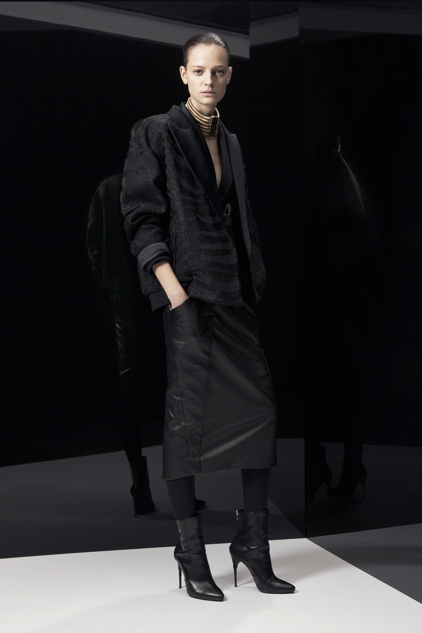 black silk long-sleeve collared fitted textured jacket