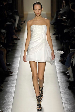 white silk strapless fitted draped flowing mini dress