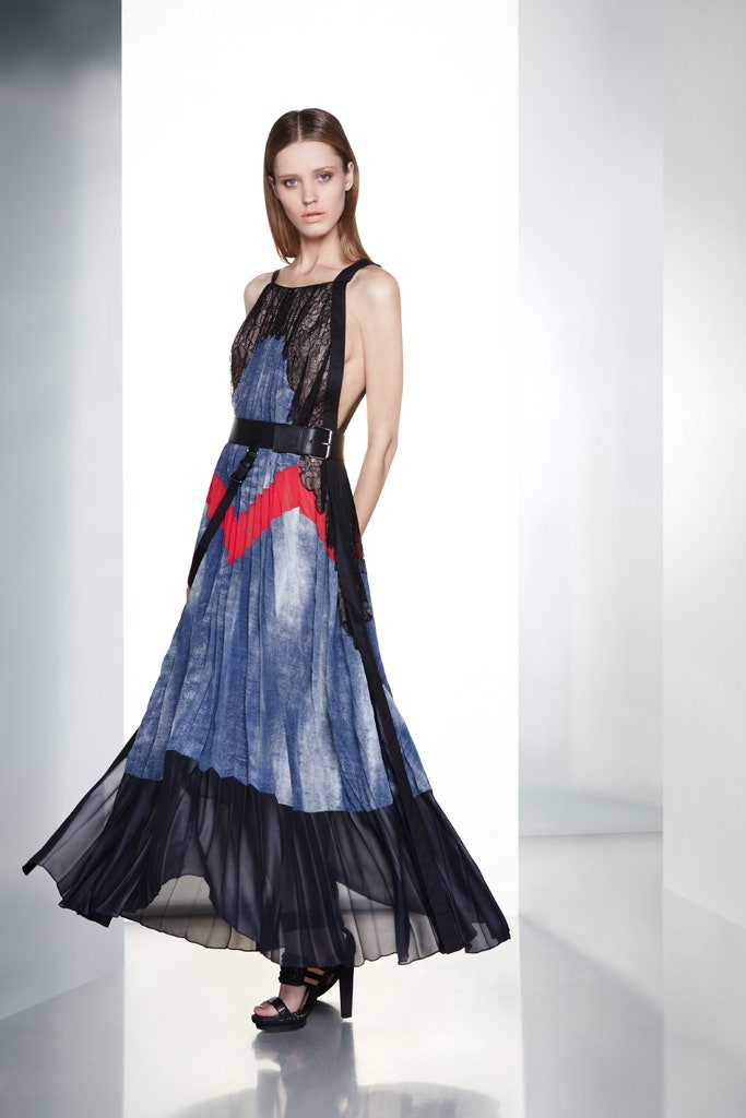 blue black red pleated maxi dress