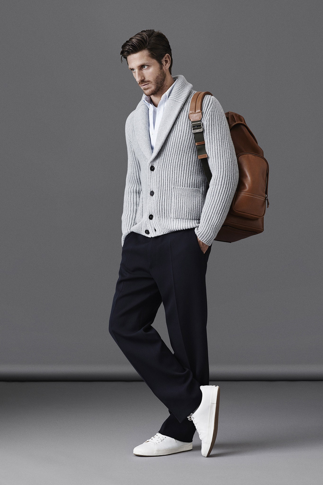 gray wool sweater with black pants