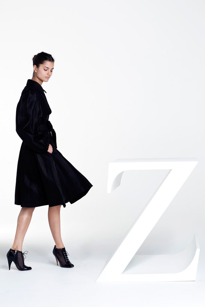 black silk long-sleeve collared fitted belted draped coat