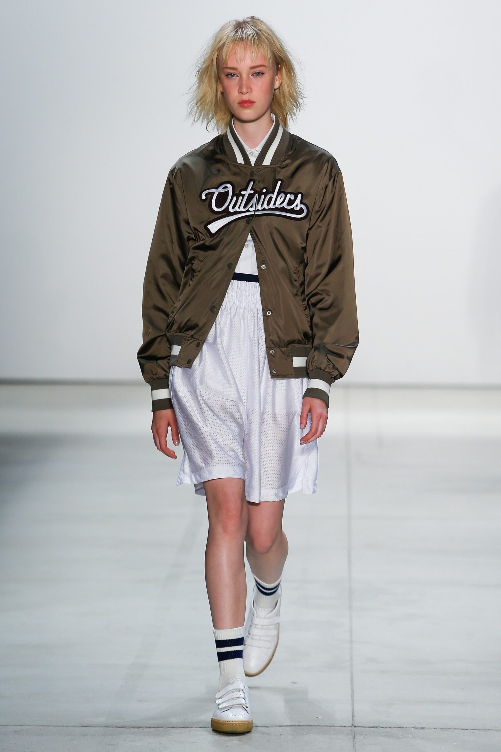 brown satin relaxed jacket with white shorts