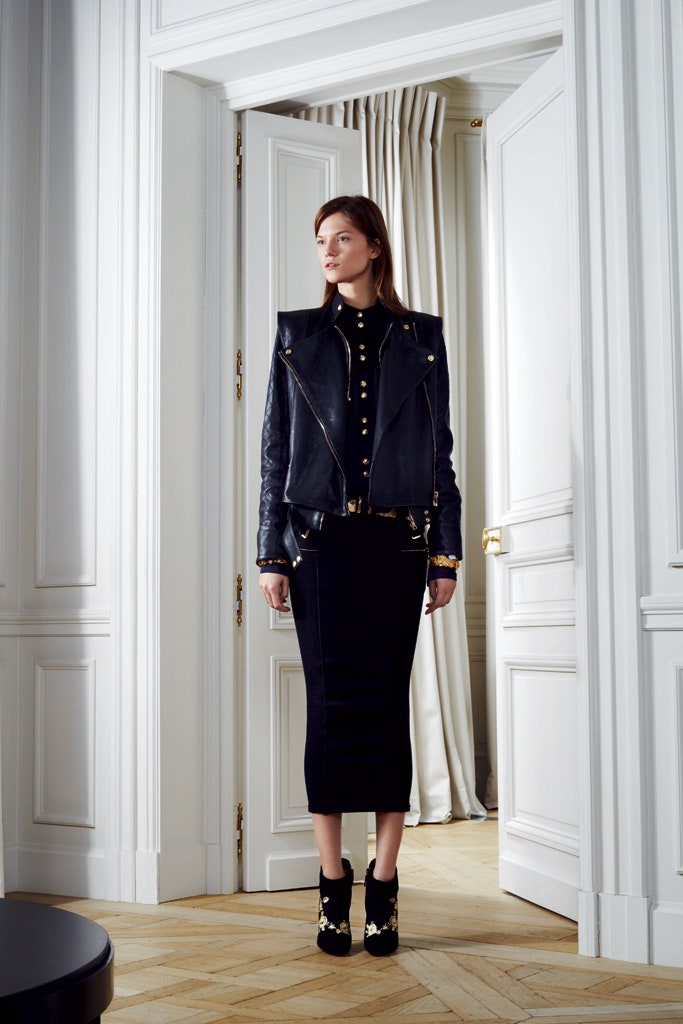 black leather fitted jacket and pencil skirt