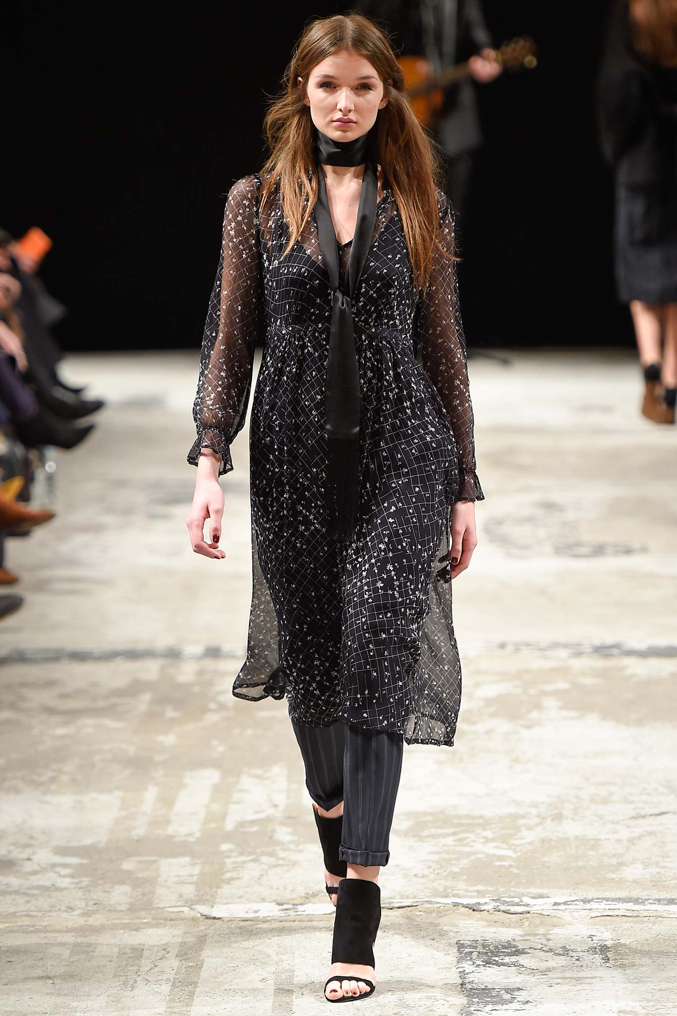 black sheer midi dress with striped pants