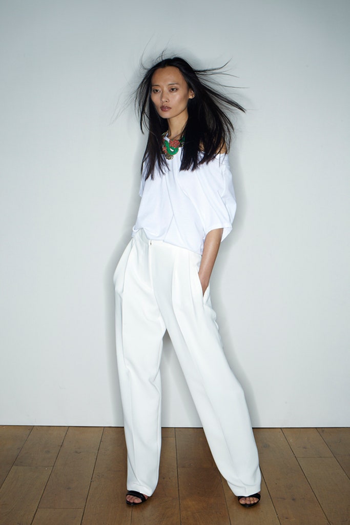 white off-shoulder top with relaxed pants