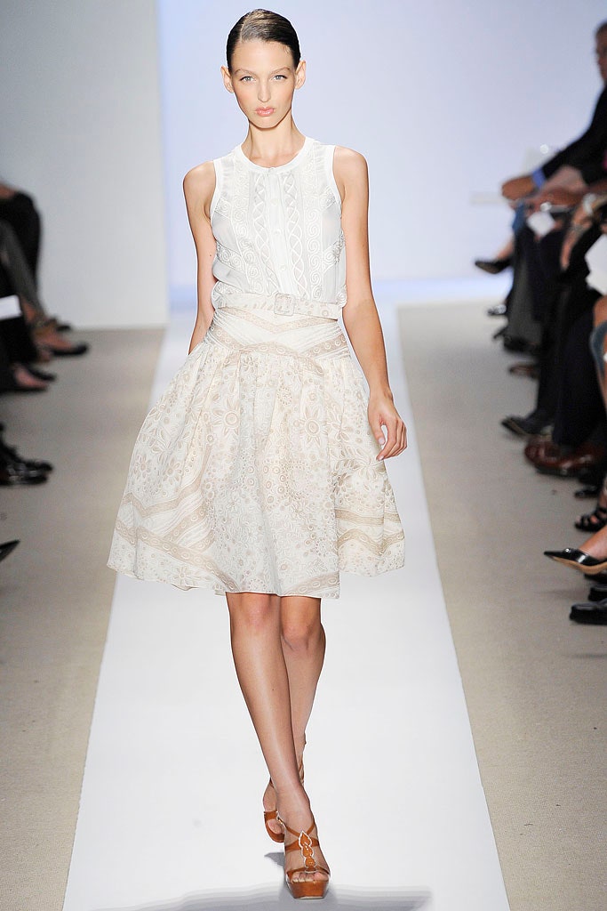 white embroidered top beige skirt