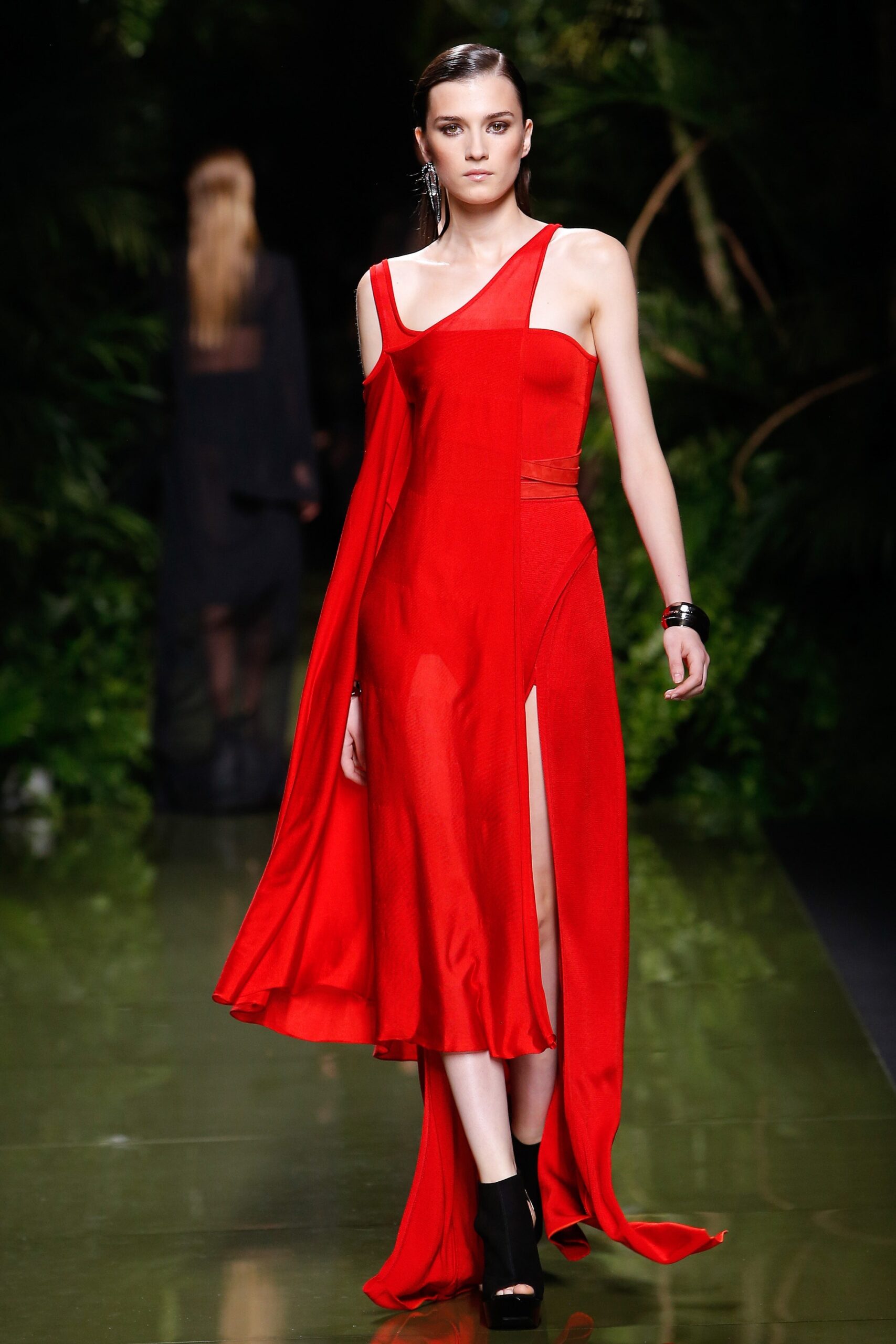 fitted red silk midi dress