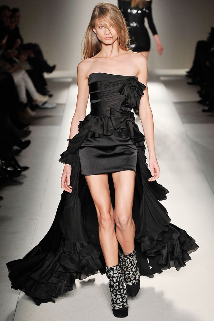 black silk strapless ruffled dress