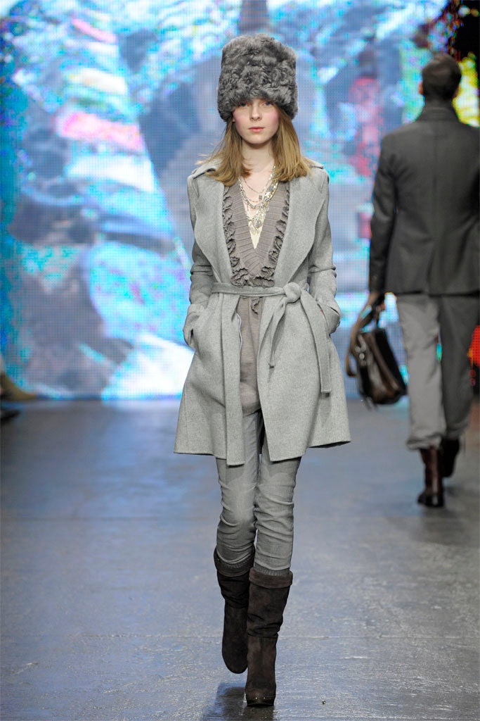 gray wool long-sleeve collared fitted belted ruffled coat