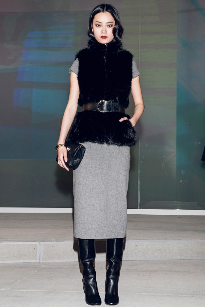 gray wool fitted midi dress with black faux-fur vest