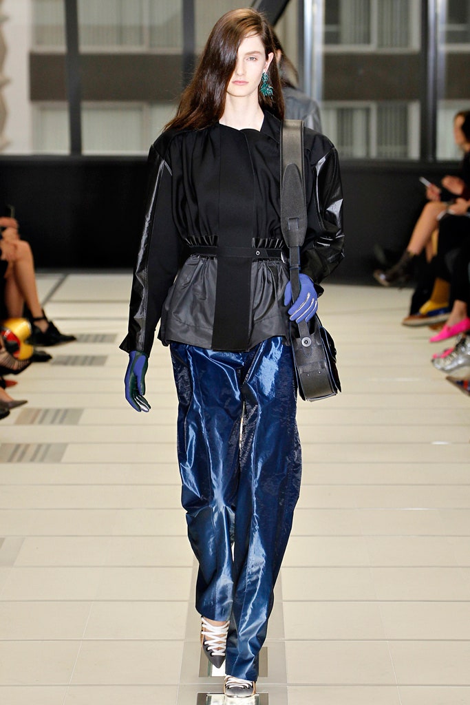 blue vinyl relaxed straight-leg shiny pants