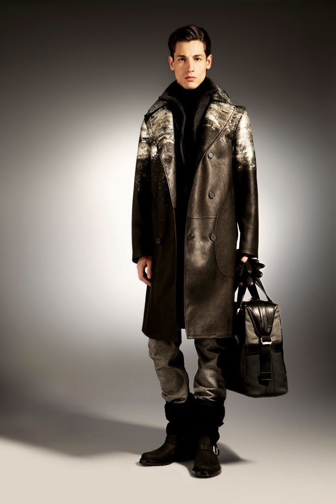 black leather long-sleeve collared fitted draped coat
