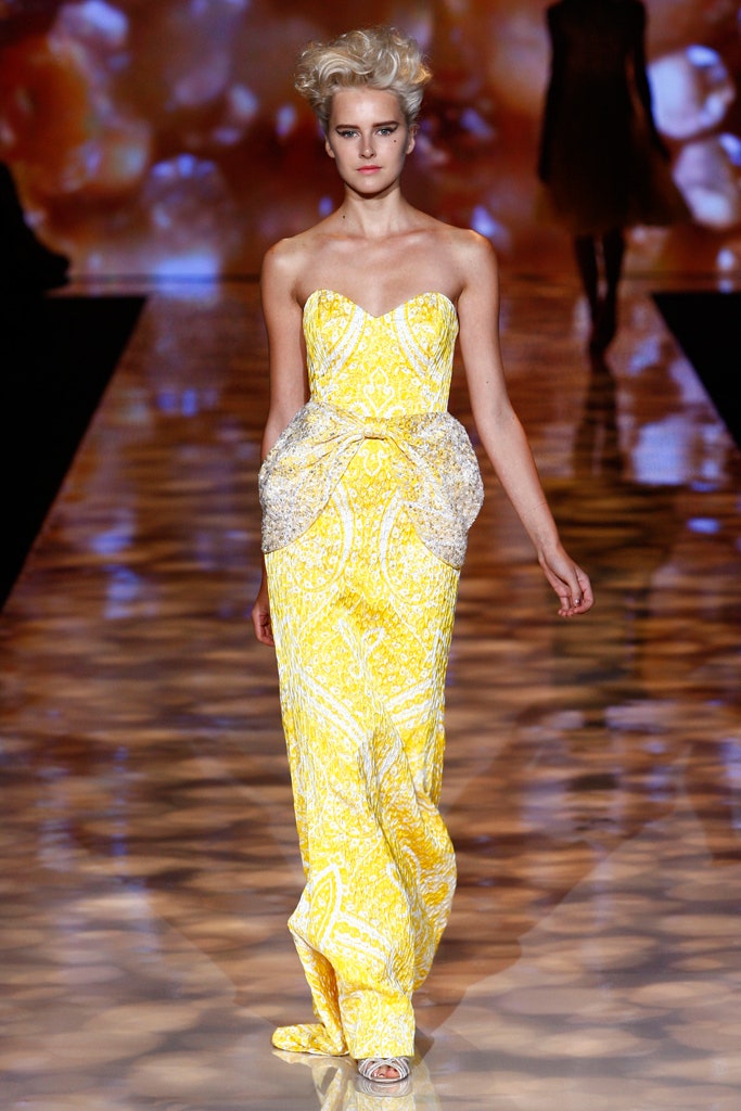 yellow silk strapless gown