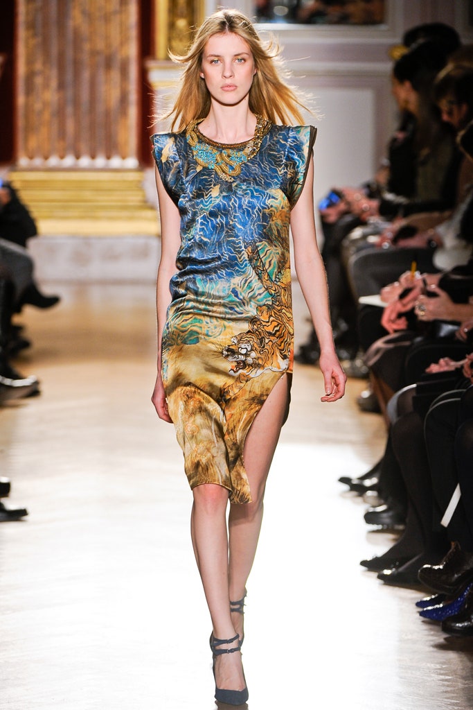 blue and orange printed midi dress