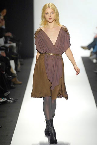 brown and purple draped midi dress