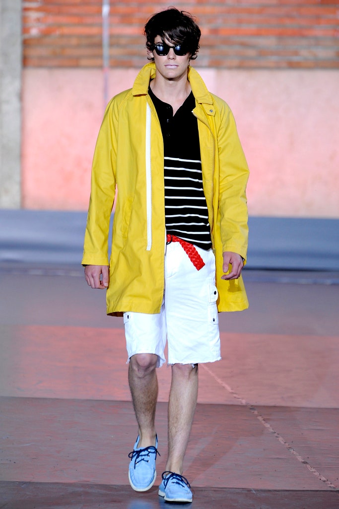 yellow jacket with striped shirt