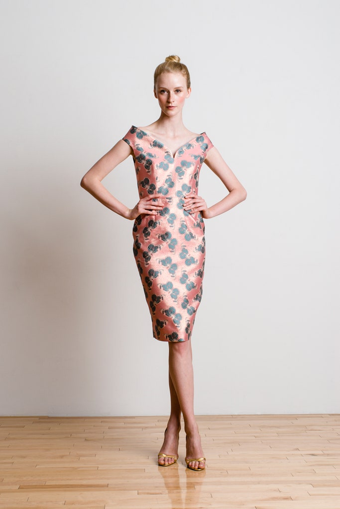 fitted pink and blue printed dress