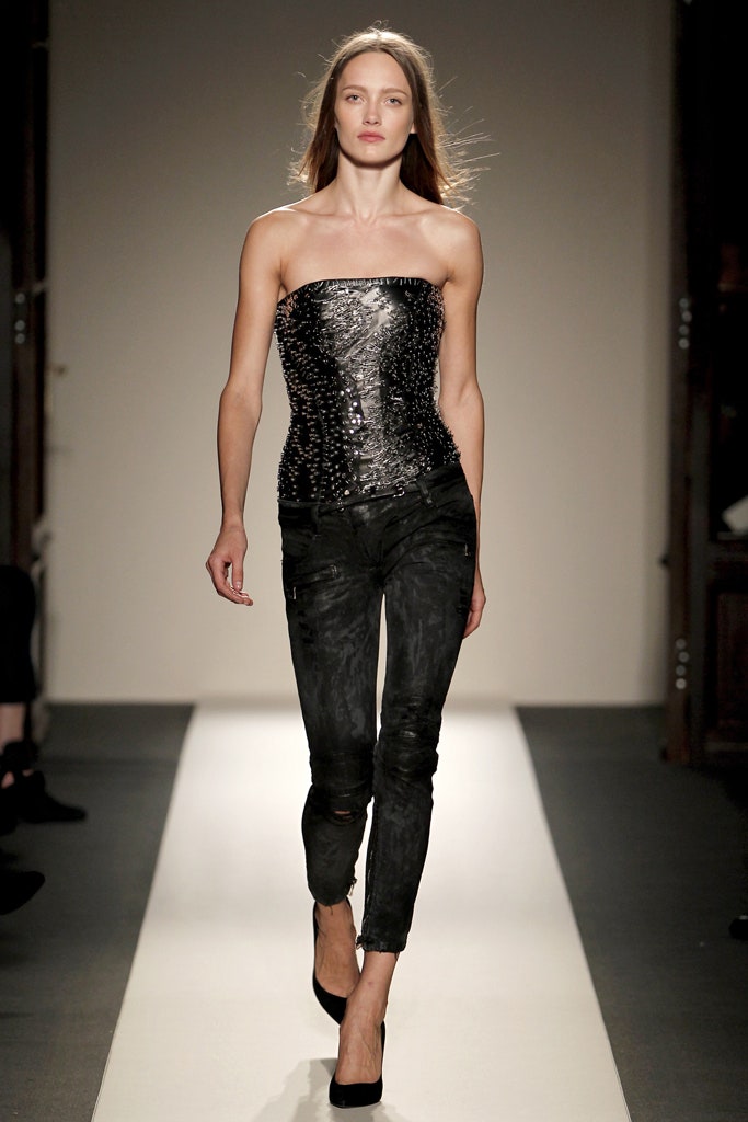 black beaded bustier and slim pants