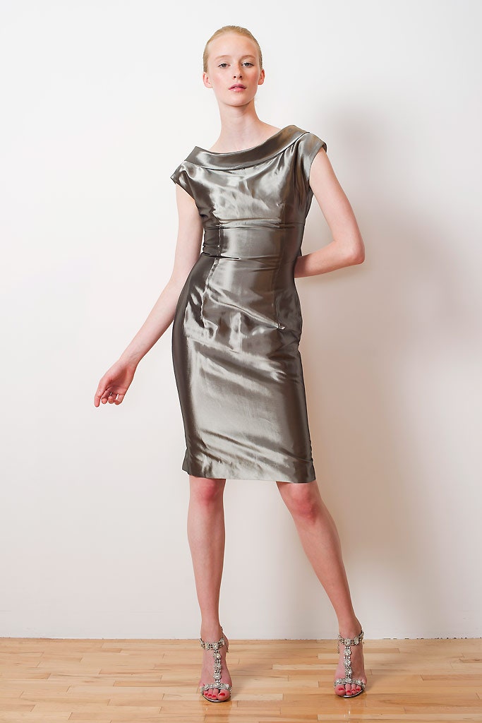 gray satin fitted dress