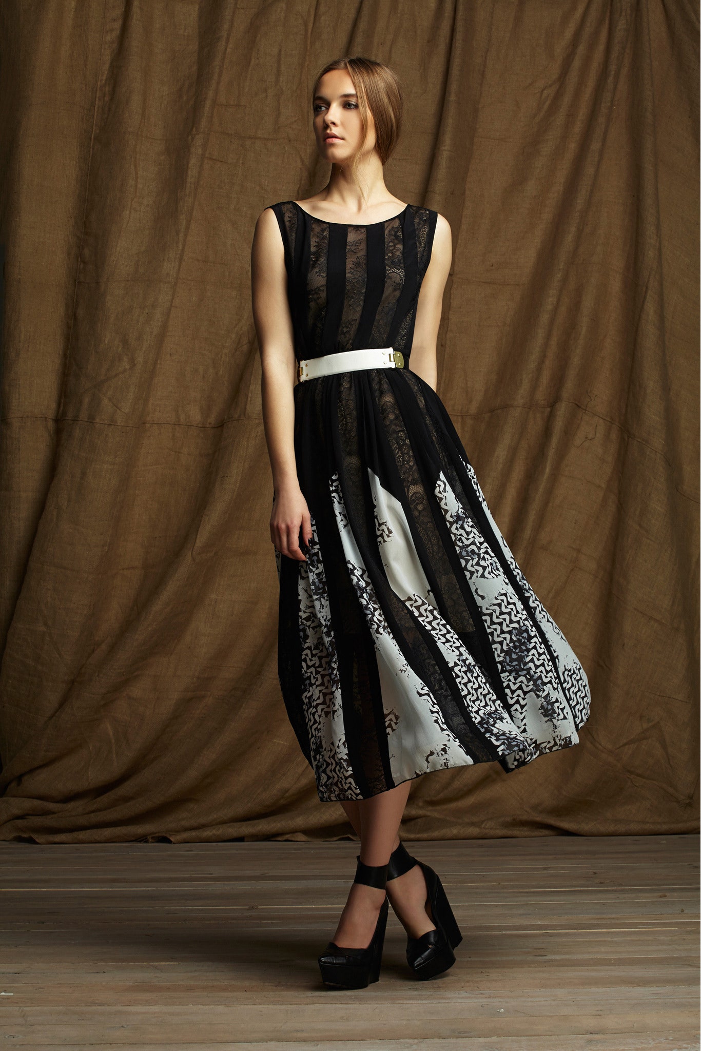 black and white pleated midi dress