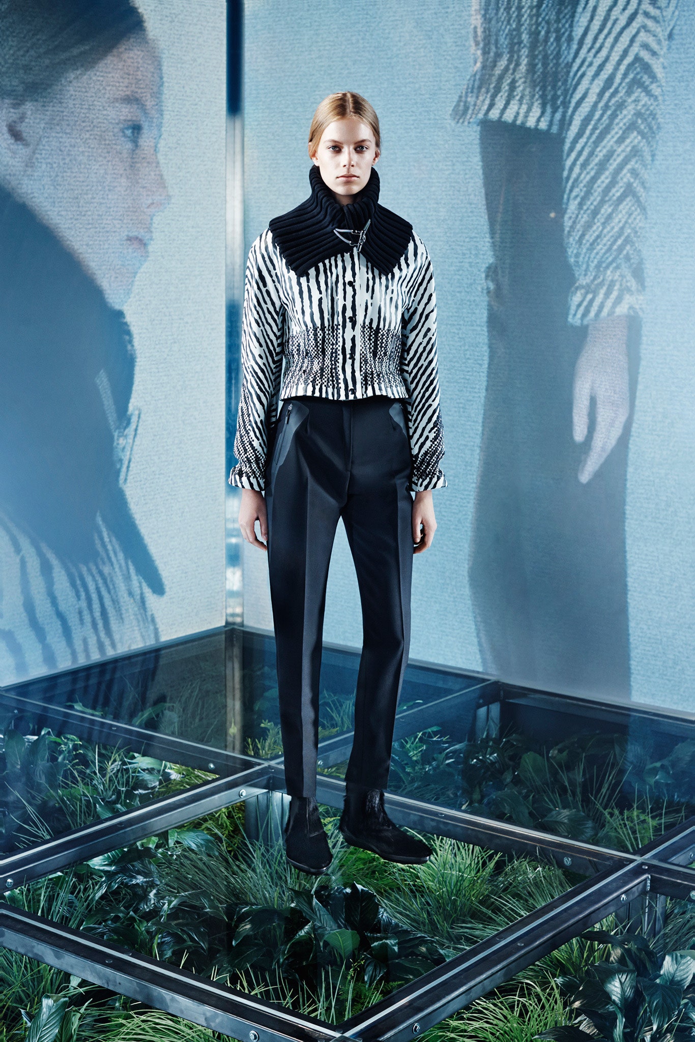 black and white fitted jacket with tailored pants