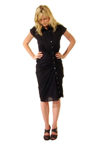 black cotton short-sleeve collared fitted ruched buttoned dress