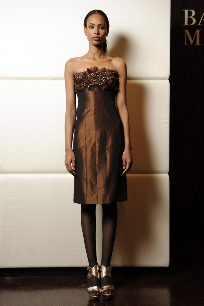 brown silk strapless dress