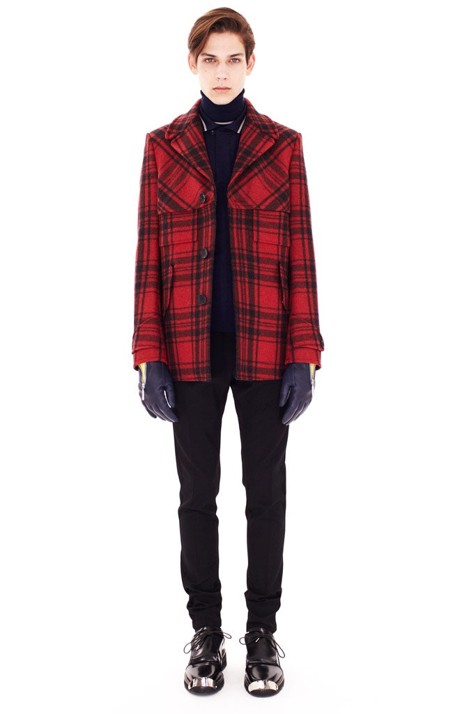 red plaid jacket with navy turtleneck
