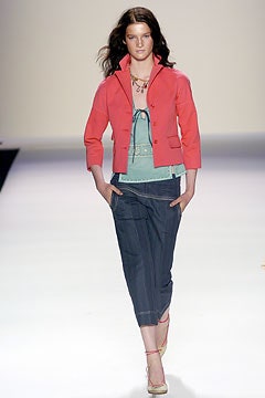 pink fitted jacket with blue top