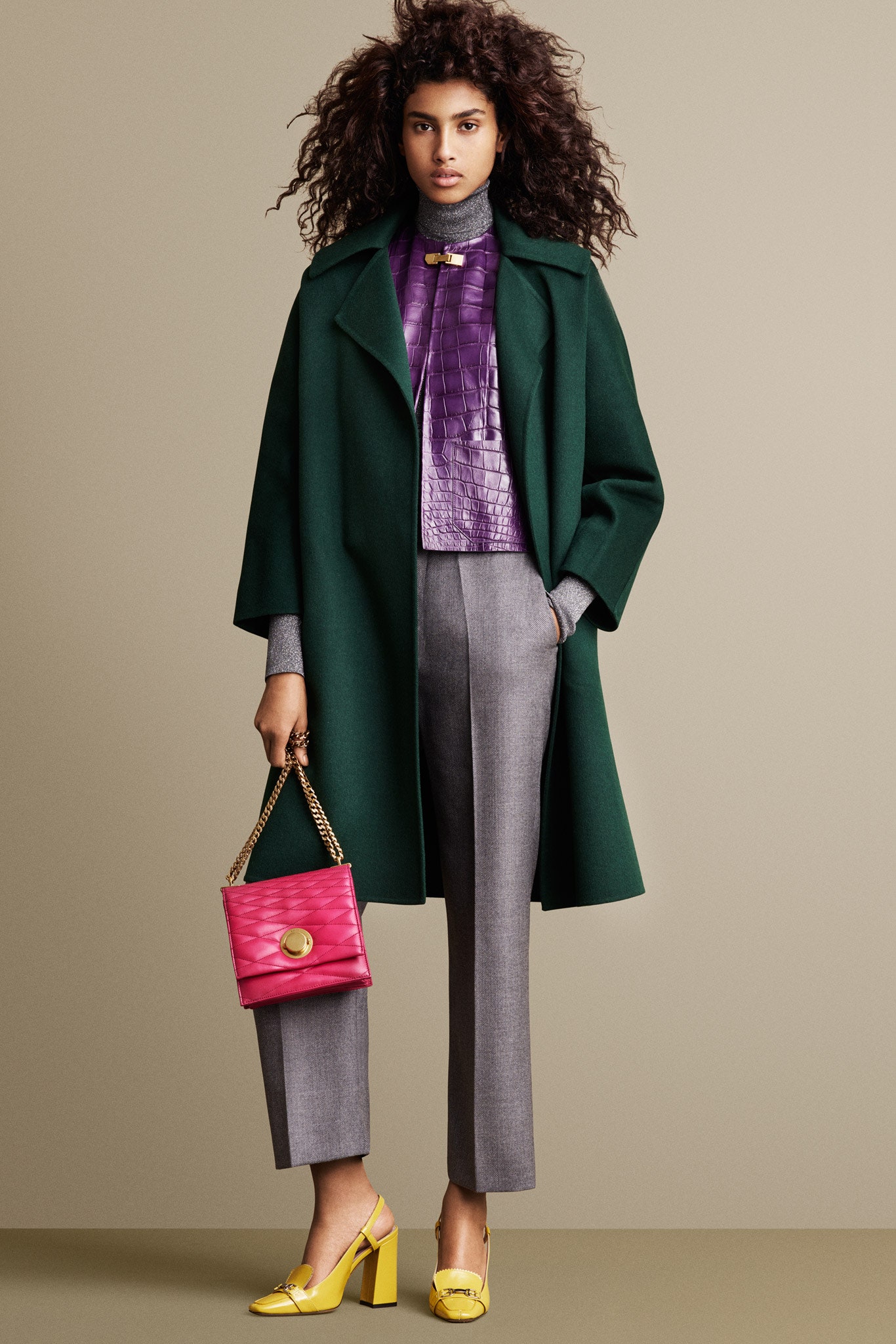 green coat with purple blouse