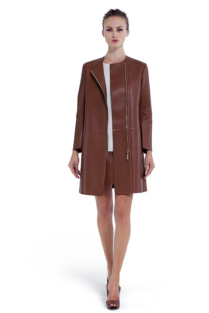 brown leather fitted coat and white dress