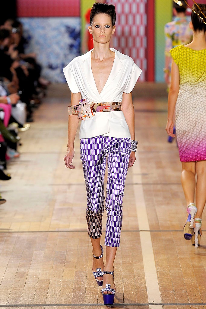 white fitted blazer with purple pants