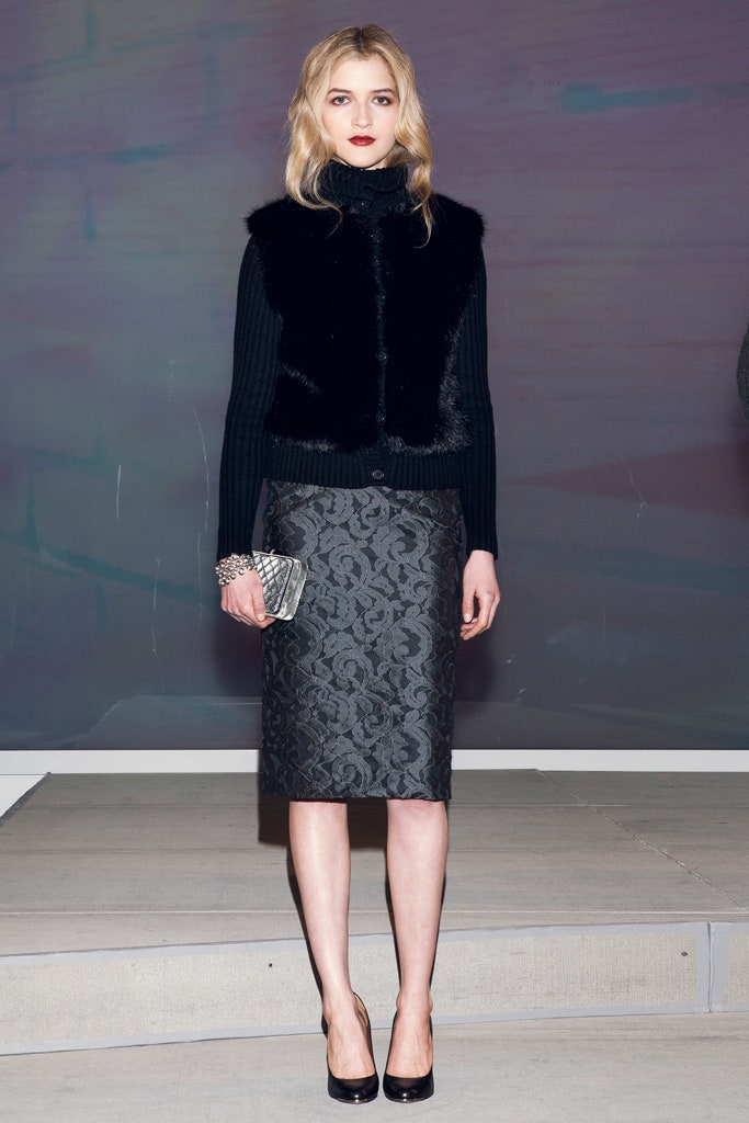 black faux-fur vest and pencil skirt