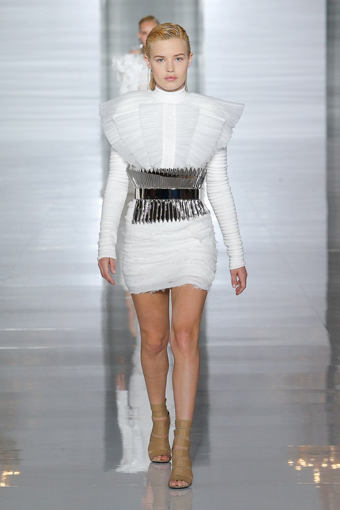 white pleated mini dress with belt