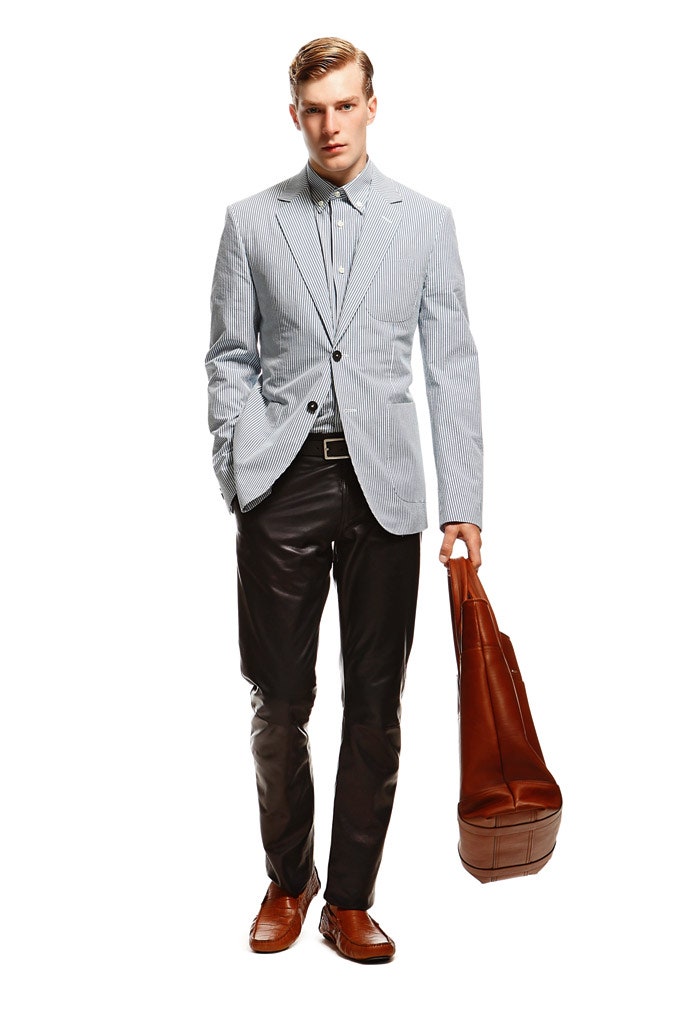 blue and white striped blazer with leather pants