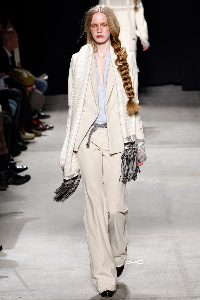 beige tailored suit with scarf
