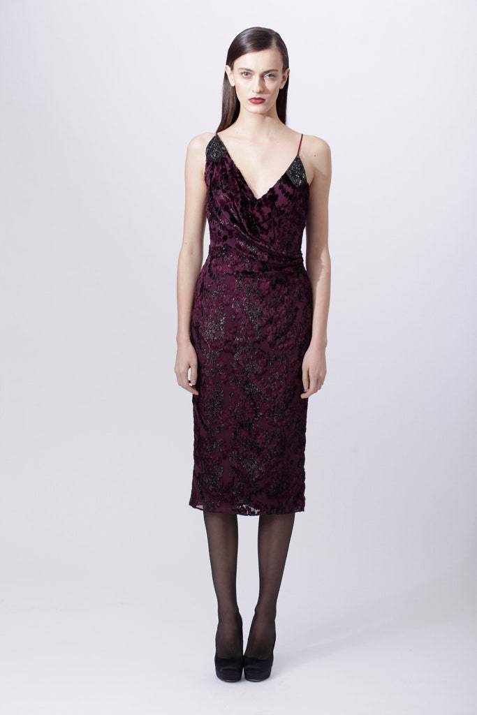 fitted maroon velvet midi dress